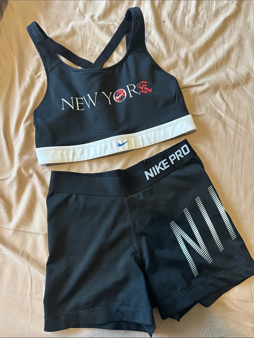 Nike Black & White New York Graphic Sports Bra and Shorts